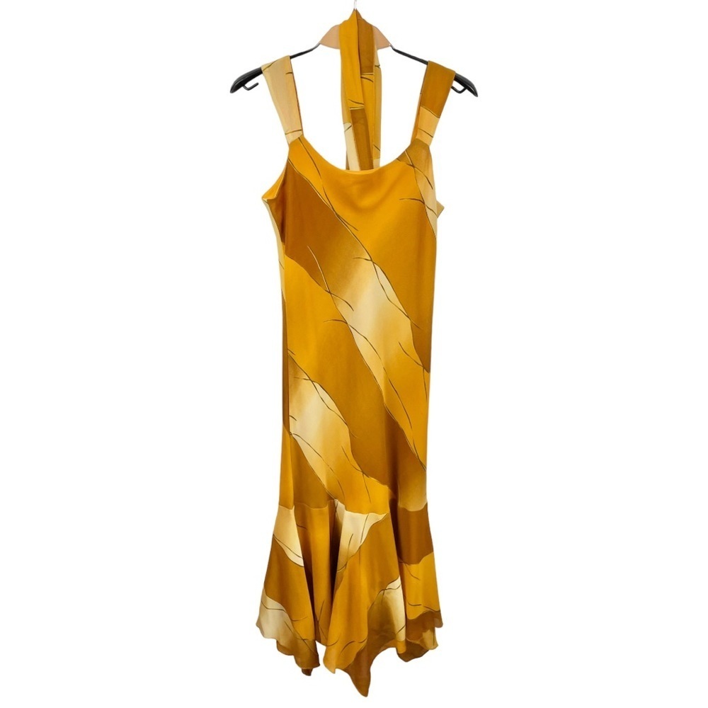 Vintage Sharon Max Mustard Printed Sleeveless Handkerchief Hem Maxi Dress Size L
